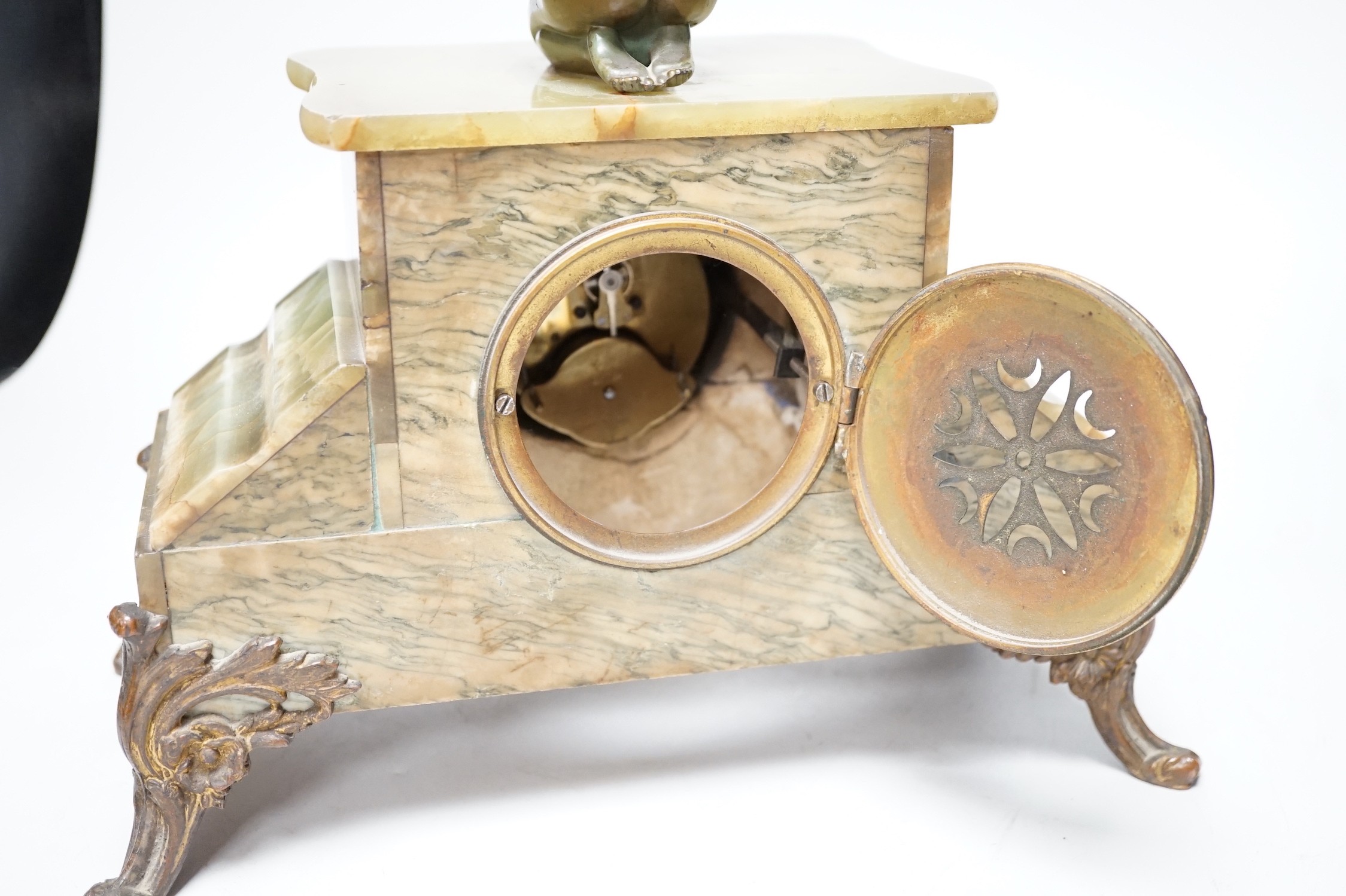 A French figural bronze mounted green onyx clock, 30cm